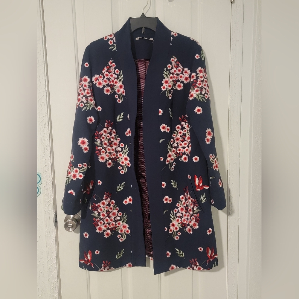 Soft Surroundings Cherry Blossom Floral Hummingbird Embroidered Jacket Kimono, L